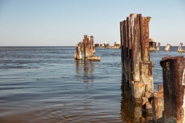 Denizde terk edilmiş eski bir rıhtım. Güneşli bir yaz günü. Martılar.