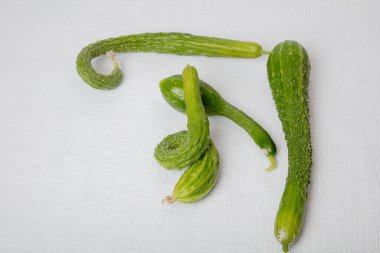 Beyaz arka planda uzun, eğri büğrü, taze salatalıklar..
