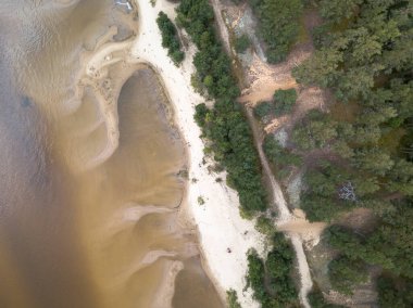 Kıyı şeridi, kumlu sahil, kum tepeleri ve sığ göller Peipsi Gölü, Estonya, insansız hava aracı fotoğrafı.