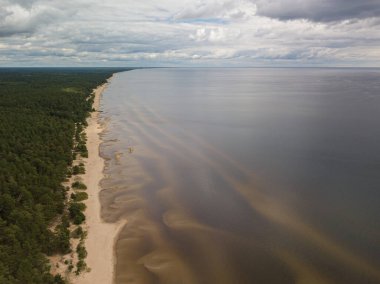 Kıyı şeridi, kumlu sahil, kum tepeleri ve sığ göller Peipsi Gölü, Estonya, insansız hava aracı fotoğrafı.