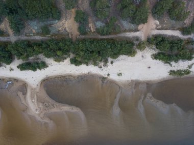 Kıyı şeridi, kumlu sahil, kum tepeleri ve sığ göller Peipsi Gölü, Estonya, insansız hava aracı fotoğrafı.