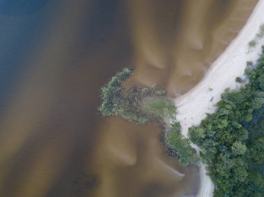 Kıyı şeridi, kumlu sahil, kum tepeleri ve sığ göller Peipsi Gölü, Estonya, insansız hava aracı fotoğrafı.
