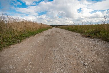 Gökyüzüne giden yol çizgileri, tarlanın kenarındaki çakıl taşlı yol.
