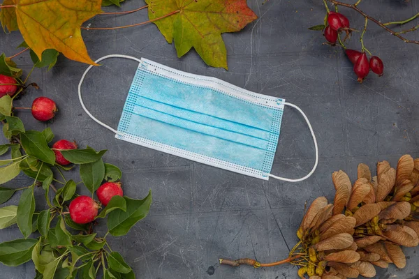 Kırmızı elmalar, sarı akçaağaç yaprakları, gül kalçalar ve gri plastik bir masada duran tıbbi maske. konsept, kendinizi koronavirüsten koruyun