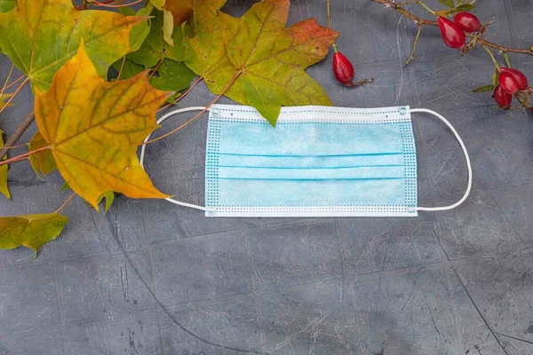 Sarı akçaağaç yaprakları, gül kalçalar ve tıbbi maske gri plastik masa konseptine yatar, kendinizi koronavirüsten koruyun.