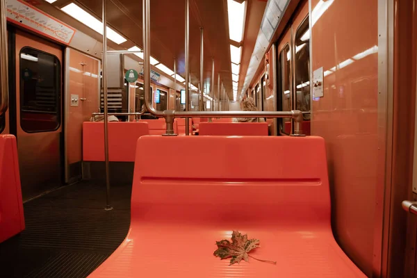 Helsinki, Uusimaa, Finland szeptember 22, 2020 Metro in Helsinki, Maple leaf lies on the bench — Stock Fotó