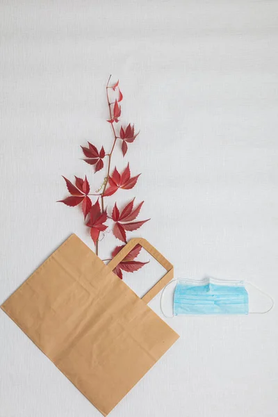 Folhas vermelhas de uvas, um saco de papel e uma máscara médica. Verticalmente. Num fundo branco. Vista de cima. Layout de outono. — Fotografia de Stock