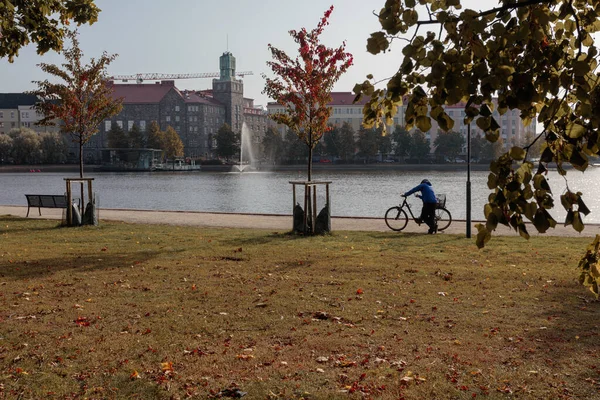 Гельсінкі, Уузімаа, Фінляндія, 2020 2 жовтня 2020 Панорама насипу в сонячний осінній день, чоловік з велосипедом. — стокове фото