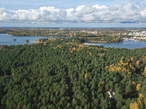 Pobřeží Finského zálivu a na obzoru se nachází Helsinky, slunečný podzimní den. Skandinávská příroda a krajina. Letecký pohled z dronu — Stock fotografie