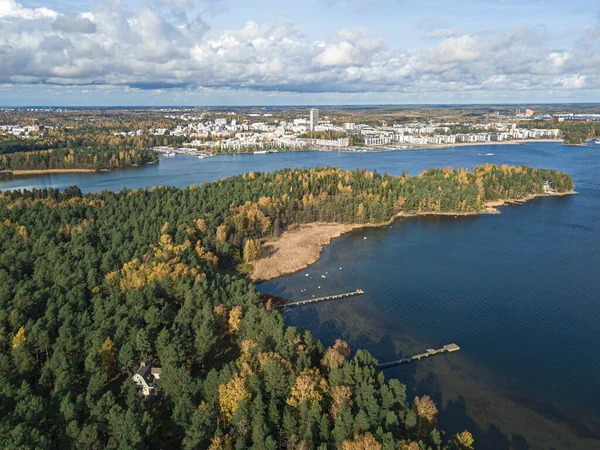 Le littoral du golfe de Finlande et à l'horizon, vous pouvez voir Helsinki, une journée d'automne ensoleillée. Nature et paysage scandinaves. Vue aérienne depuis un drone — Photo