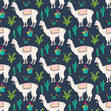Lama seamless modeli mavi zemin üzerine. Vektör çizim