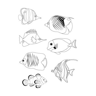 Tropik mercan balık boyama sayfaları beyaz arka plan üzerinde. Vektör çizim