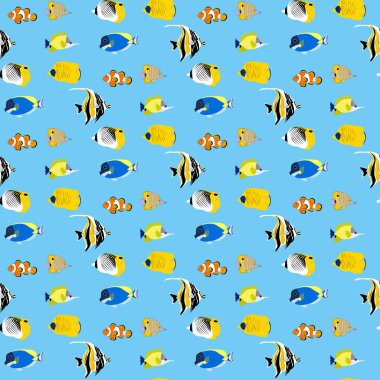 Tropik mercan balık mavi zemin üzerine Dikişsiz desen. Vektör çizim