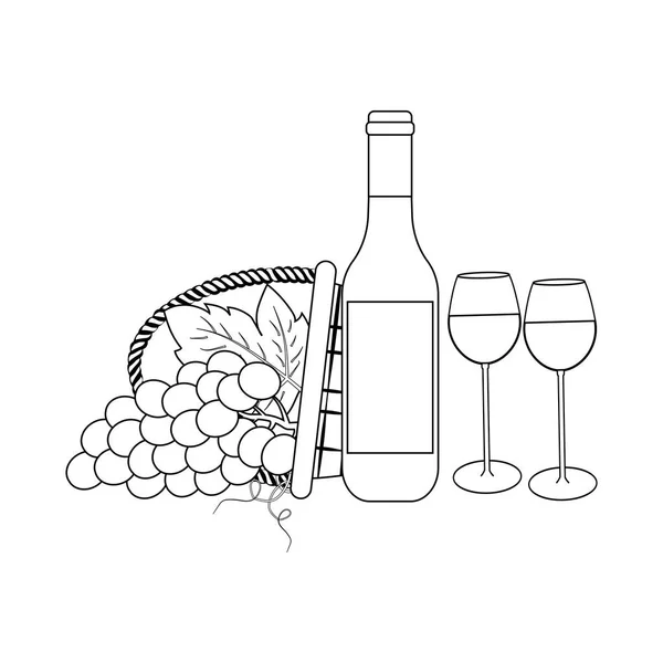 Fles Wijn Druiven Witte Achtergrond Vectorillustratie — Stockvector