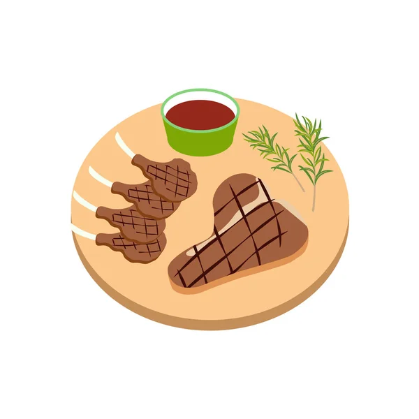 Biefstuk Vlees Aan Boord Witte Achtergrond Vectorillustratie — Stockvector