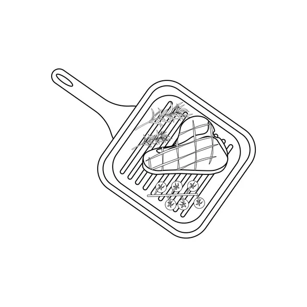 Bife Grelha Pan Para Colorir Páginas Fundo Branco Ilustração Vetorial — Vetor de Stock