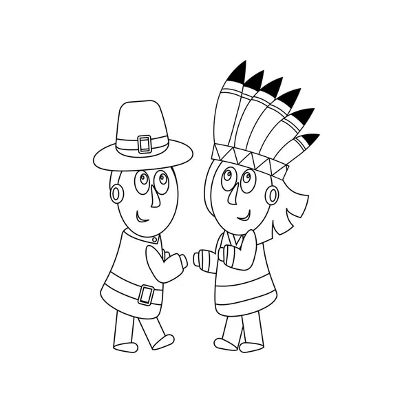 Página Para Colorear Peregrinos Indios Fondo Blanco Ilustración Vectorial — Vector de stock