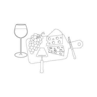 Şarap peynir ve beyaz arka plan üzerinde üzüm. Vektör çizim
