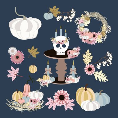 Sonbahar yaprakları üzerinde mavi arka plan ayarlayın. Vektör çizim