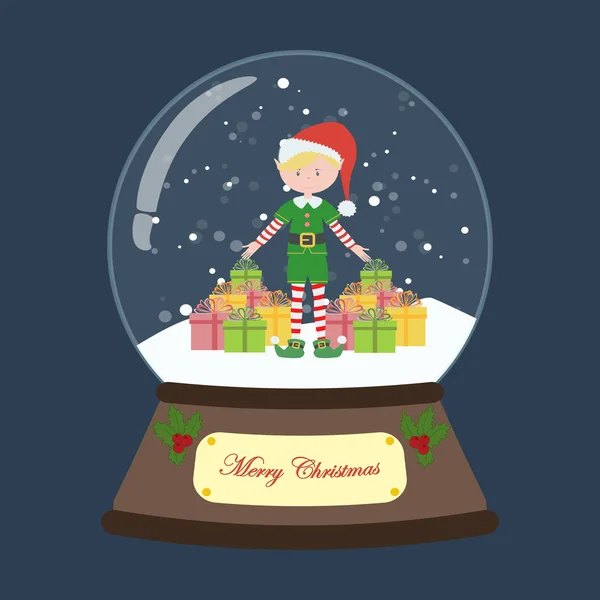 Boule Neige Noël Avec Elfe Sur Fond Bleu Illustration Vectorielle — Image vectorielle