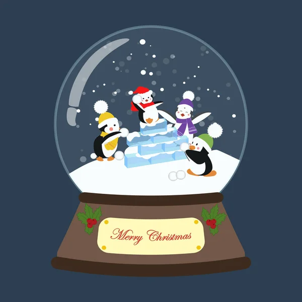 Weihnachtsschneekugel Mit Pinguin Auf Blauem Hintergrund Vektorillustration — Stockvektor