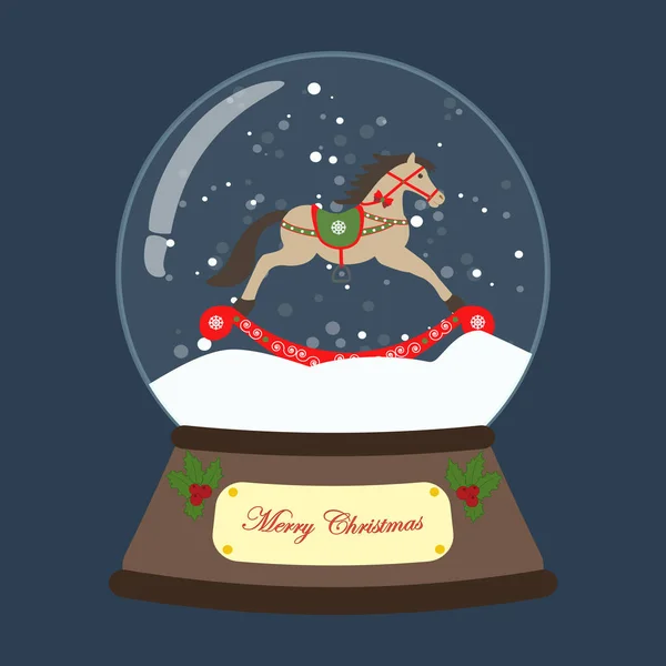 Christmas Snow Globe Med Gunghäst Blå Bakgrund Vektorillustration — Stock vektor