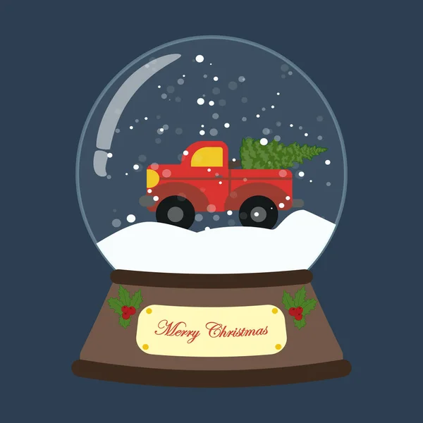 Christmas Snow Globe Med Lastbil Den Blå Bakgrunden Vektorillustration — Stock vektor