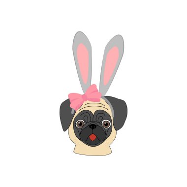 Beyaz bir arka plan üzerinde tavşan kulaklı pug. Vektör çizim
