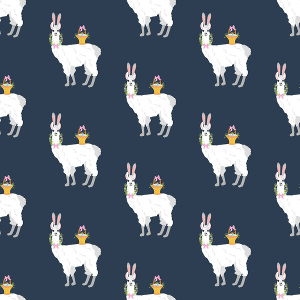 Пасхальная лама на голубом фоне. Векторная иллюстрация
