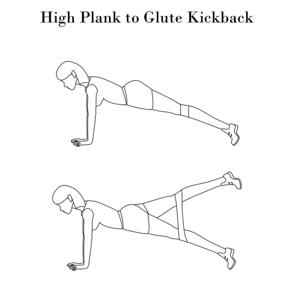 Hohe Planke zu Glute Kickback Übung Umriss — Stockvektor