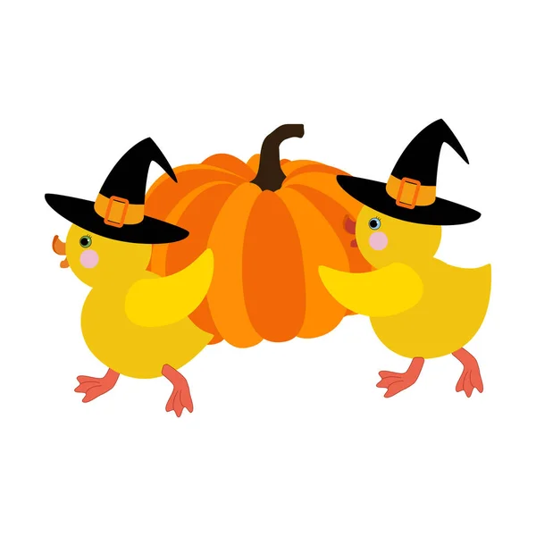 Poulet d'Halloween en costume de sorcière avec citrouille — Image vectorielle