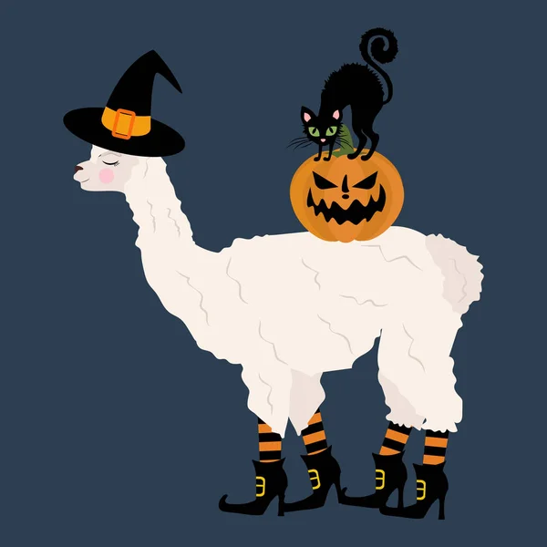 Halloween llama witch with cat illustration — Stock Vector