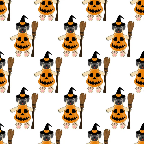 Halloween pug bruja patrón sin costura — Vector de stock