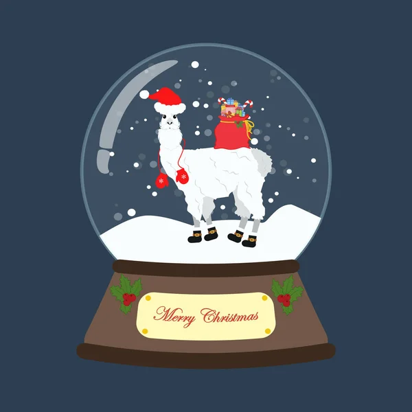 Llama em traje de natal em bola de neve — Vetor de Stock