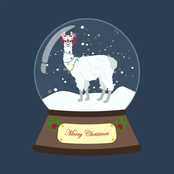 Λάμα με Χριστουγεννιάτικη στολή σε χιονόμπαλα — Διανυσματικό Αρχείο