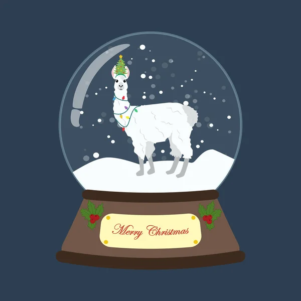 Lama en costume de Noël en boule de neige — Image vectorielle