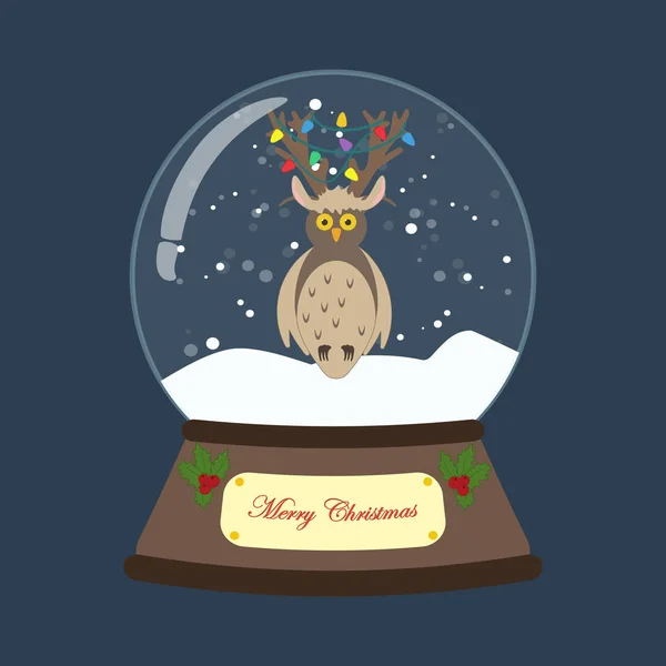 Κουκουβάγια με Χριστουγεννιάτικη στολή σε χιονόμπαλα — Διανυσματικό Αρχείο
