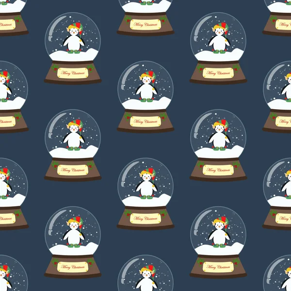 Pingüino en traje de Navidad en patrón sin costuras bola de nieve — Vector de stock