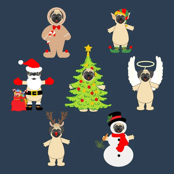 Pug ve vánočních kostýmech — Stockový vektor