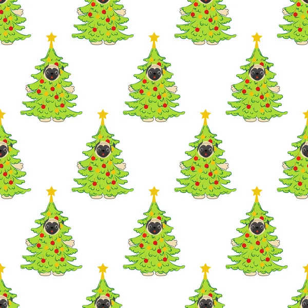 Pug en costume de sapin de Noël motif sans couture — Image vectorielle