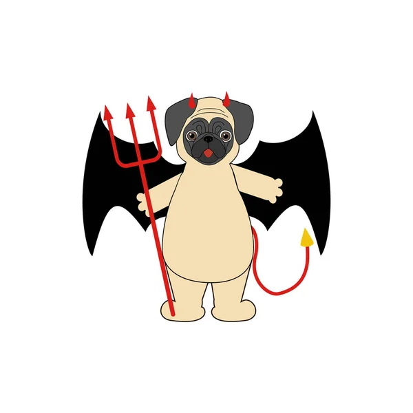 Pug en traje de diablo halloween — Vector de stock