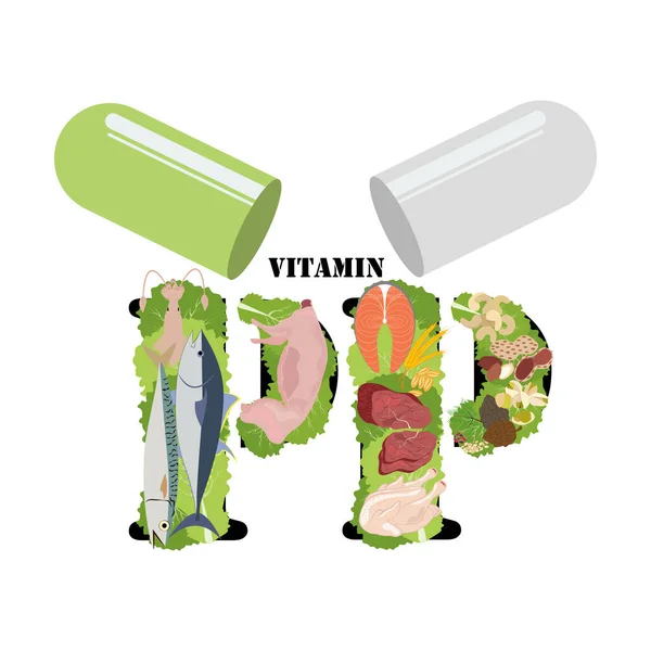 ビタミンPpの豊富な食品ベクトルのイラストは白い背景に — ストックベクタ