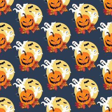 Mavi arka planda balkabağı ve hayalet desenli çizimler var. Vektör illüstrasyonu