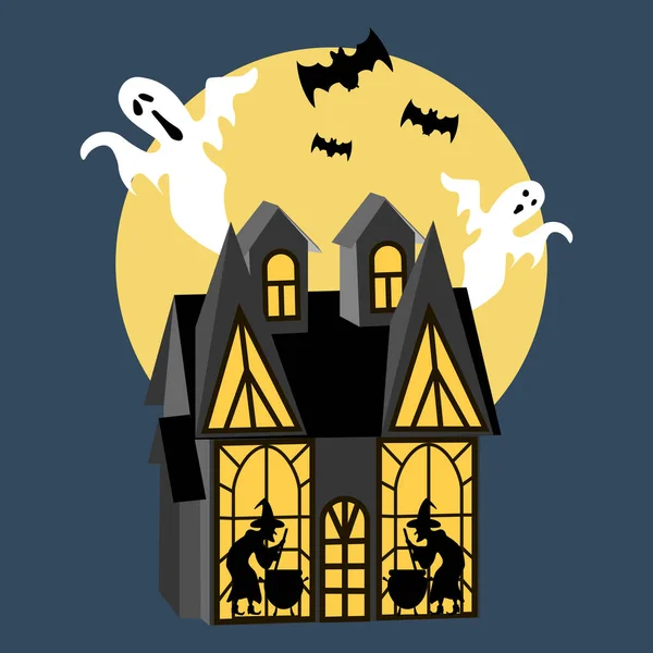 Halloween Spookhuis Blauwe Achtergrond Vectorillustratie — Stockvector