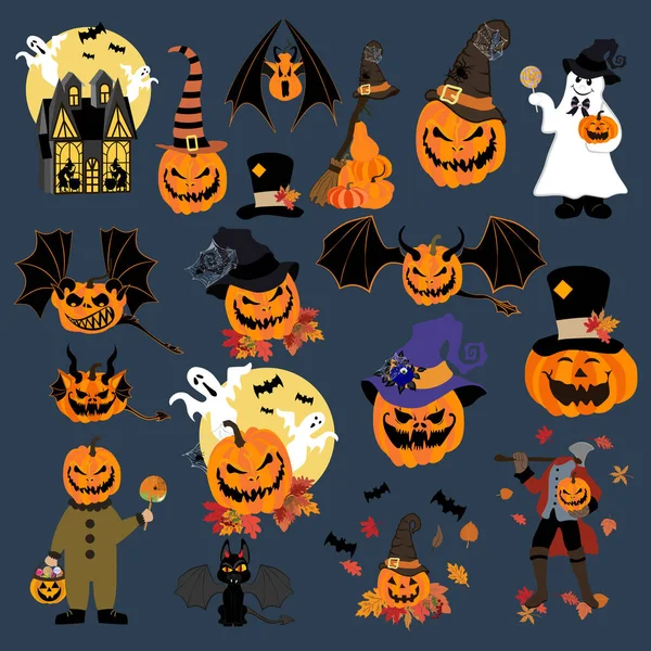 Halloween Pumpor Och Monster Som Den Blå Bakgrunden Vektorillustration — Stock vektor