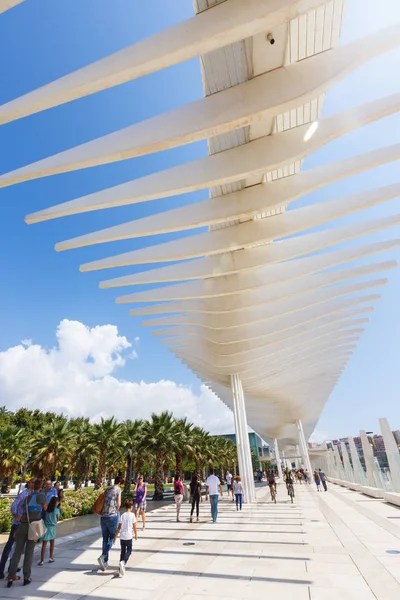 Pasarela Muelle Uno, sombrilla corriendo ola, parque de palmeras, caminata de personas, Málaga —  Fotos de Stock