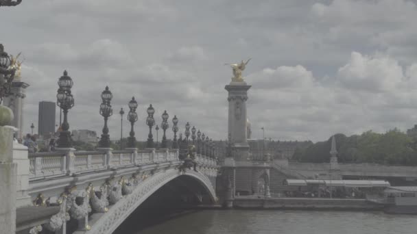 Vue sur le pont Alexandre III, ciel nuageux, beaucoup de gens. Paris — Video