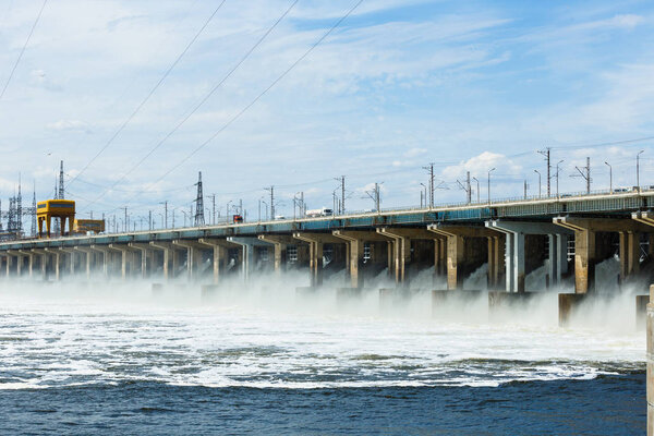 Hydroelectric power station. Water dumping. Volgograd, Volga river, Russia