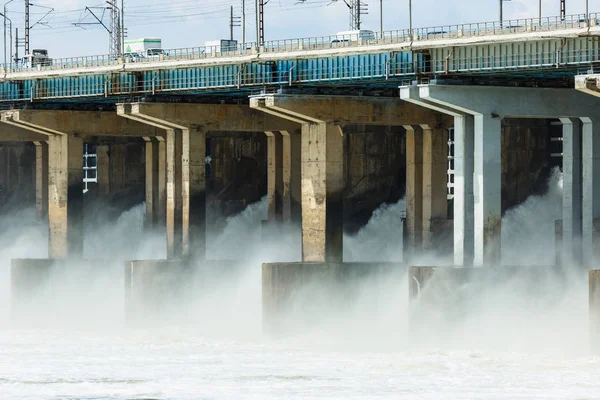 Hydroelectric power station. Water dumping. Volgograd, Volga river, Russia