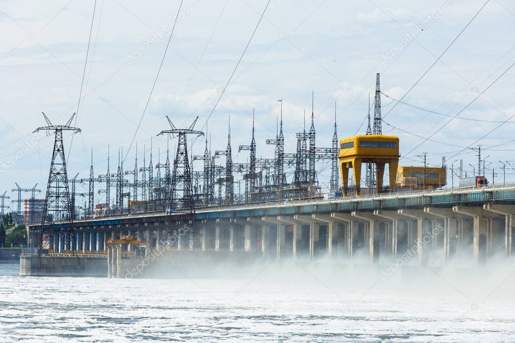 Hydroelectric power station. Water dumping. Volgograd, Volga river, Russia